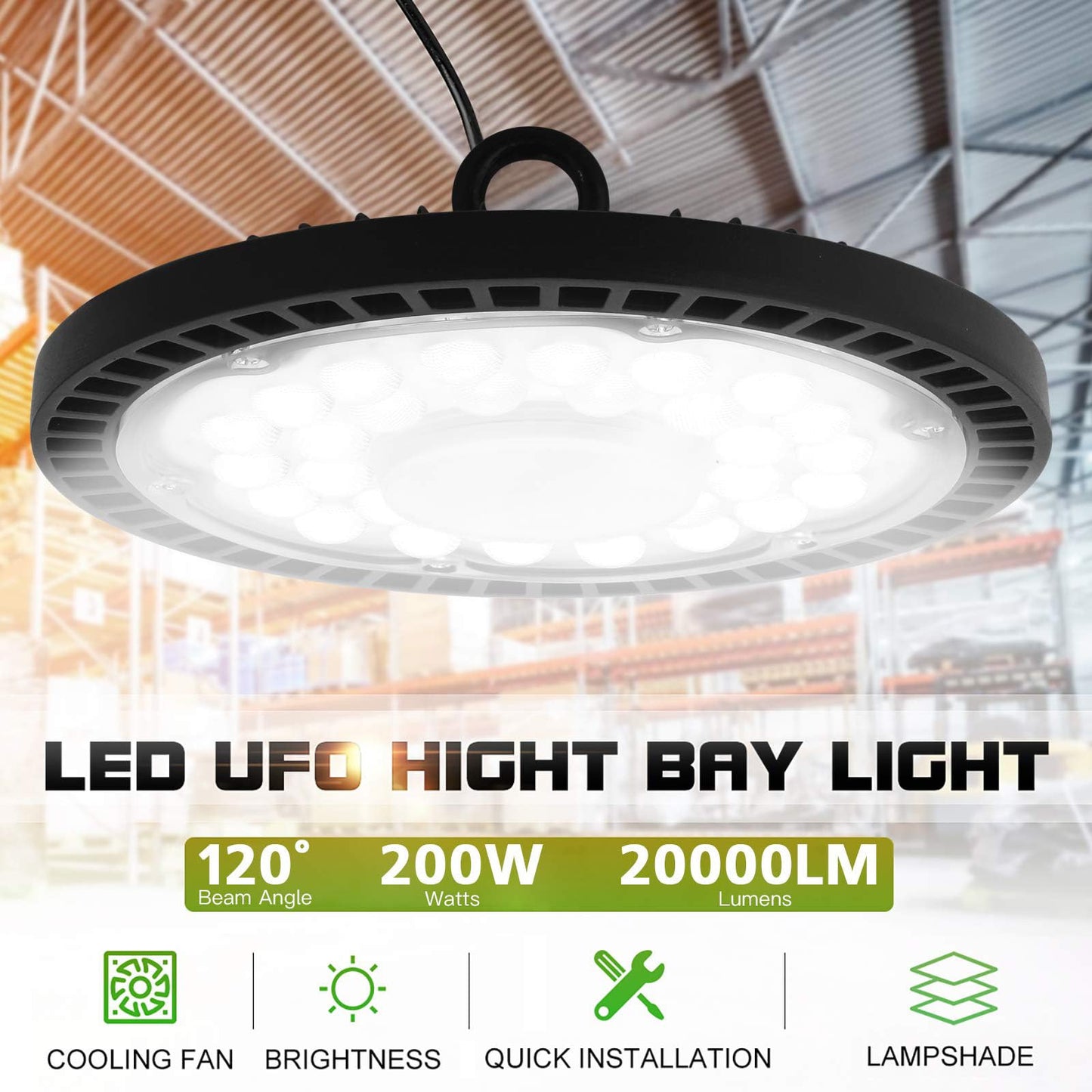 Jefedana 200W LED High Bay Light, 20000LM UFO Workshop Lamp IP65 Industrial Lamp, 6500K Cold White Warehouse Lighting for Workshops Industrial Factory Halls