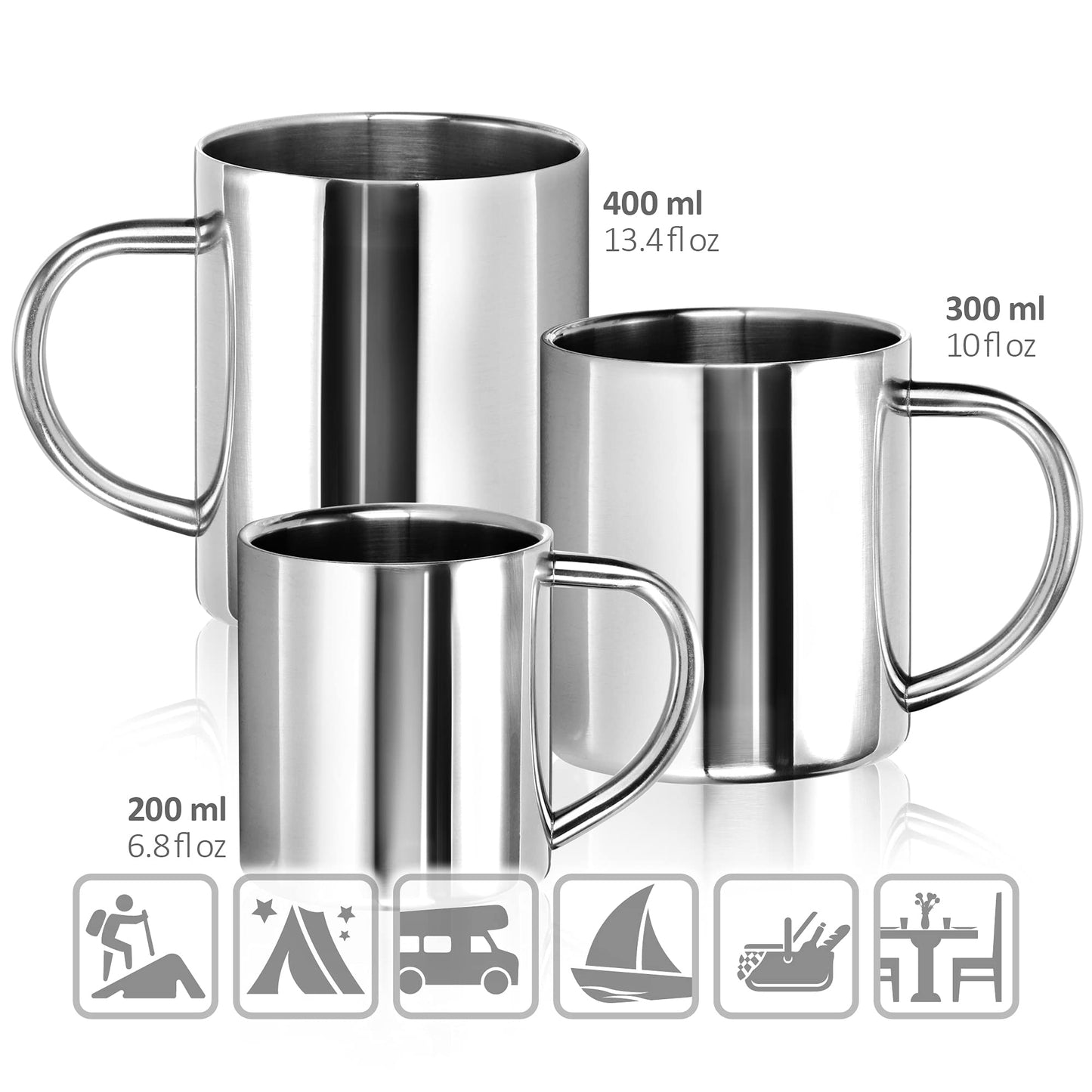 com-four® 2x Stainless Steel Thermal Mug - 300 ml per mug - Double-walled insulated cup - Breakproof coffee cup - Thermal drinking cup - Camping mug - Cup - BPA-free (300ml)