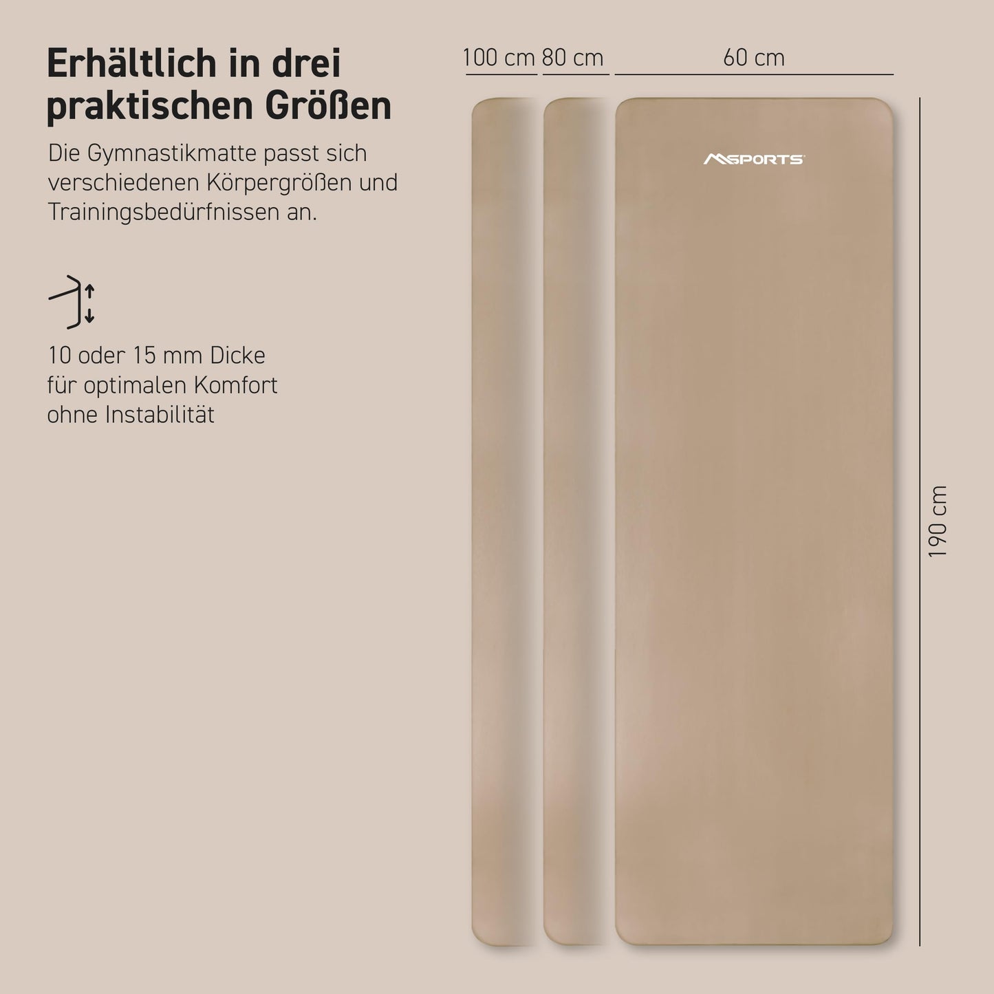 MSPORTS Gymnastics Mat Premium including carrying strap + exercise poster + workout app I Skin-friendly fitness mat 190 x 60 x 1.5 cm - Beige-Caramel - Phthalate-free yoga mat