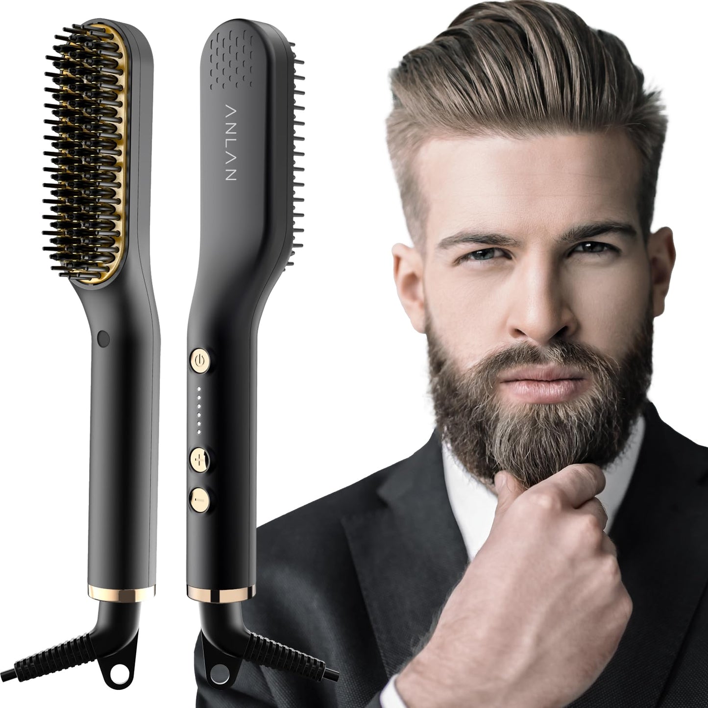 ANLAN 2 in 1 beard straightener for men and mini hair straightener, 5-level temperature (120-200°C), 30s quick heated, Ionic hair beard straightener brush for styling beard and hair.