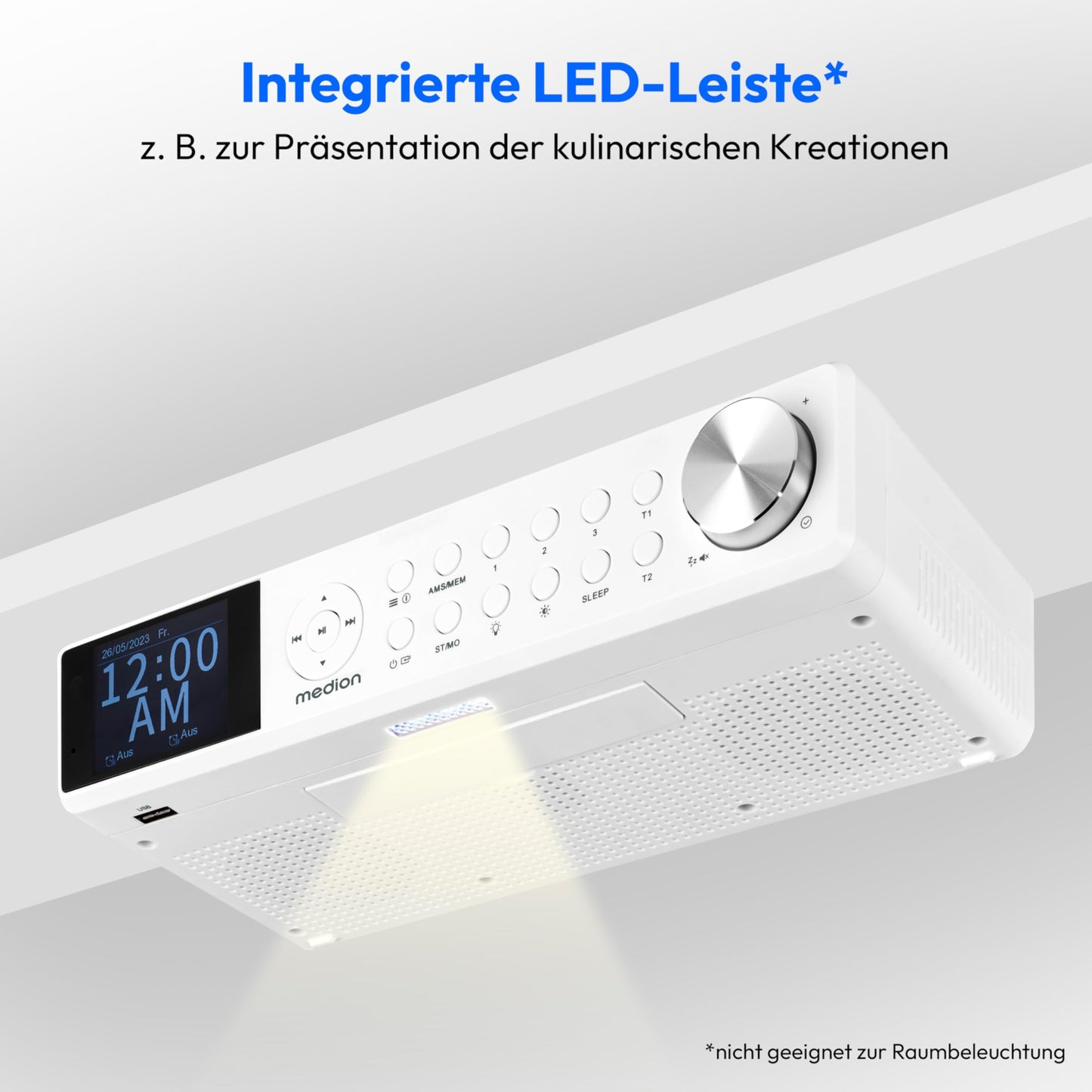 MEDION P66750 Kitchen under-cabinet radio (DAB+ kitchen radio, PLL FM radio, dimmable TFT color display, cooking timer, Bluetooth, LED strip, including mounting material) white