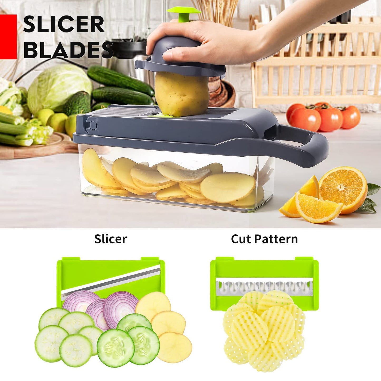 iPalamila Vegetable Cutter - Dicer - Vegetable Chopper Dicer - Vegetable Slicer - Suitable for cubes, slices, 14 in 1 Multifunctional Cutter Onion Chopper Salad Cutter Mandoline, ABS