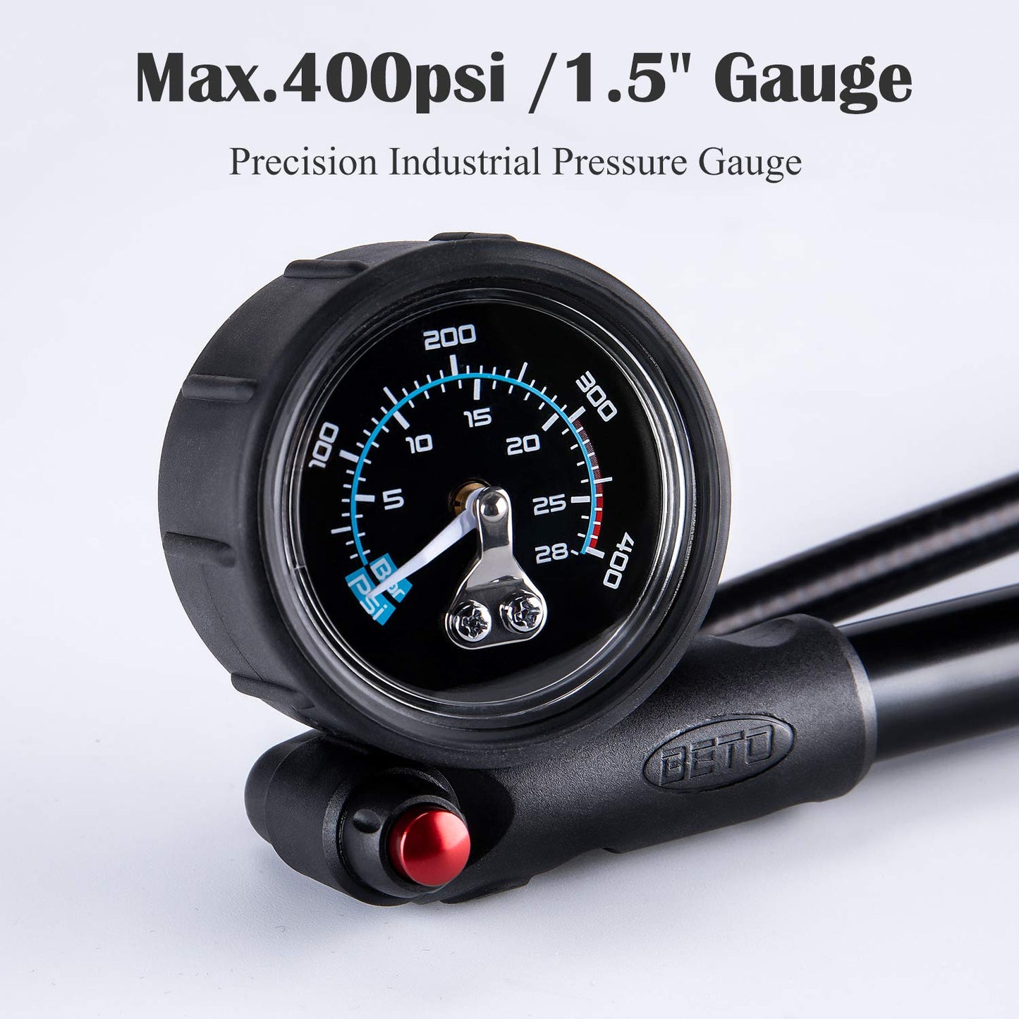 Beto high-pressure shock pump - (400 PSI max) MTB bike shock pump for front and rear suspension with no-loss Schrader valve.