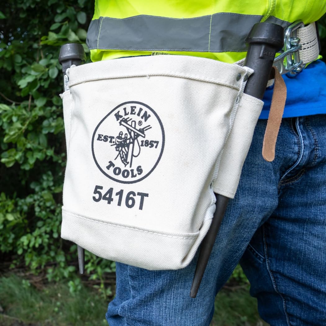 Canvas Bolt Bag, small bag for storing bolts with bull pin loops, belt tunnel loop connection. Klein Tools 5416T, cream, 25.40 cm.