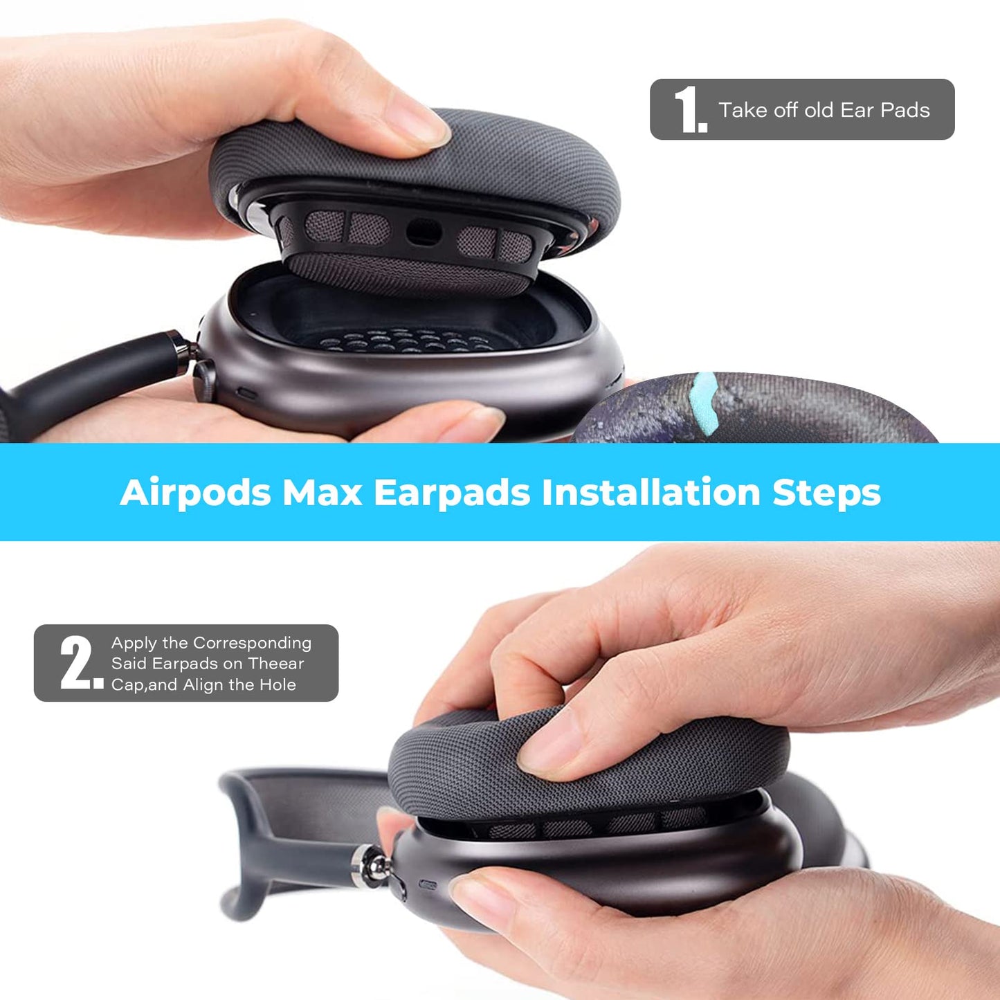 QKIIP Airpods Max Earpads, replacement earpads for AirPods Max headphones, featuring knit mesh canopy and memory foam, compatible with Apple Airpods Max Noise Cancellation Over-Ear Headphones (Space Gray)