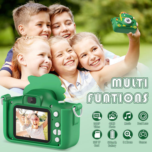 Kids Camera Dinosaur, Kids Camera 2" Display 1080P, Selfie Digital Camera for Kids with 32GB, Photo Camera for 3 4 5 6 7 8 9 10 11 12 Year Old Boys and Girls Gifts Toys (Green)
