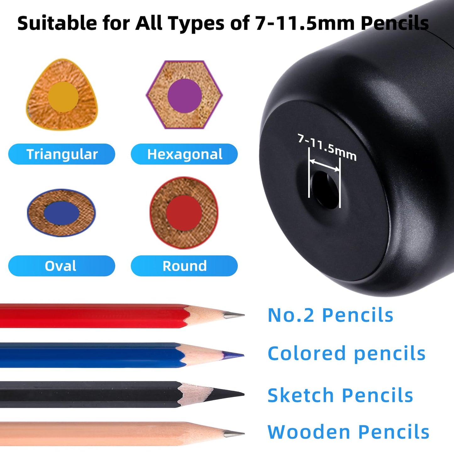 Tenwin Fully Automatic Electric Pencil Sharpener, rechargeable pencil sharpener with container for colored pencils from 7-11.5 mm, portable and safe for home, office, school (Black)