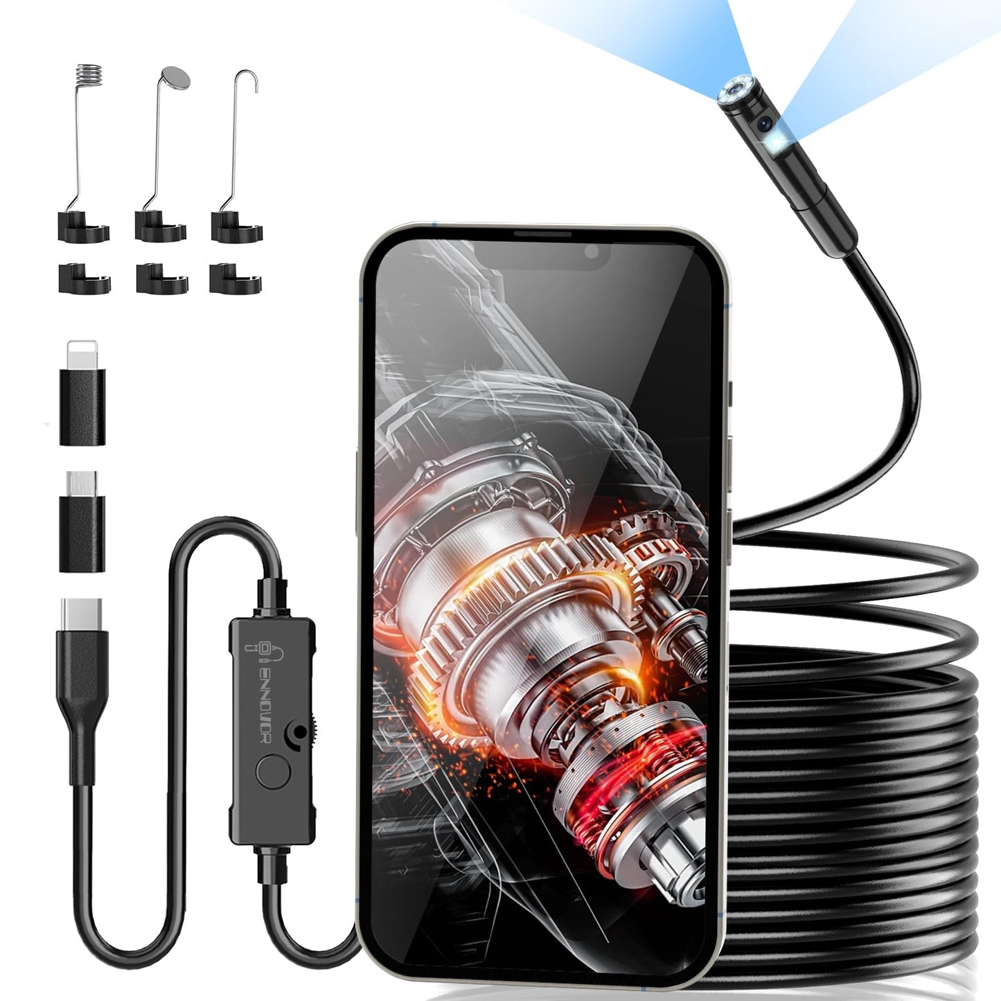 Endoscope camera with light, 1920P HD tube camera with dual lens, IP67 waterproof endoscope with 8+1 LEDs, 5M semi-rigid cable, inspection camera for Android iOS mobile phones, sewer pipe camera.