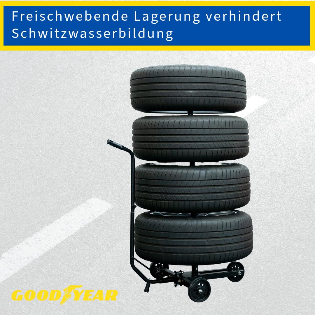 Goodyear wheel tree cart for 4 tires, space-saving and contactless storage, with protective cover, load capacity up to 100 kg, black