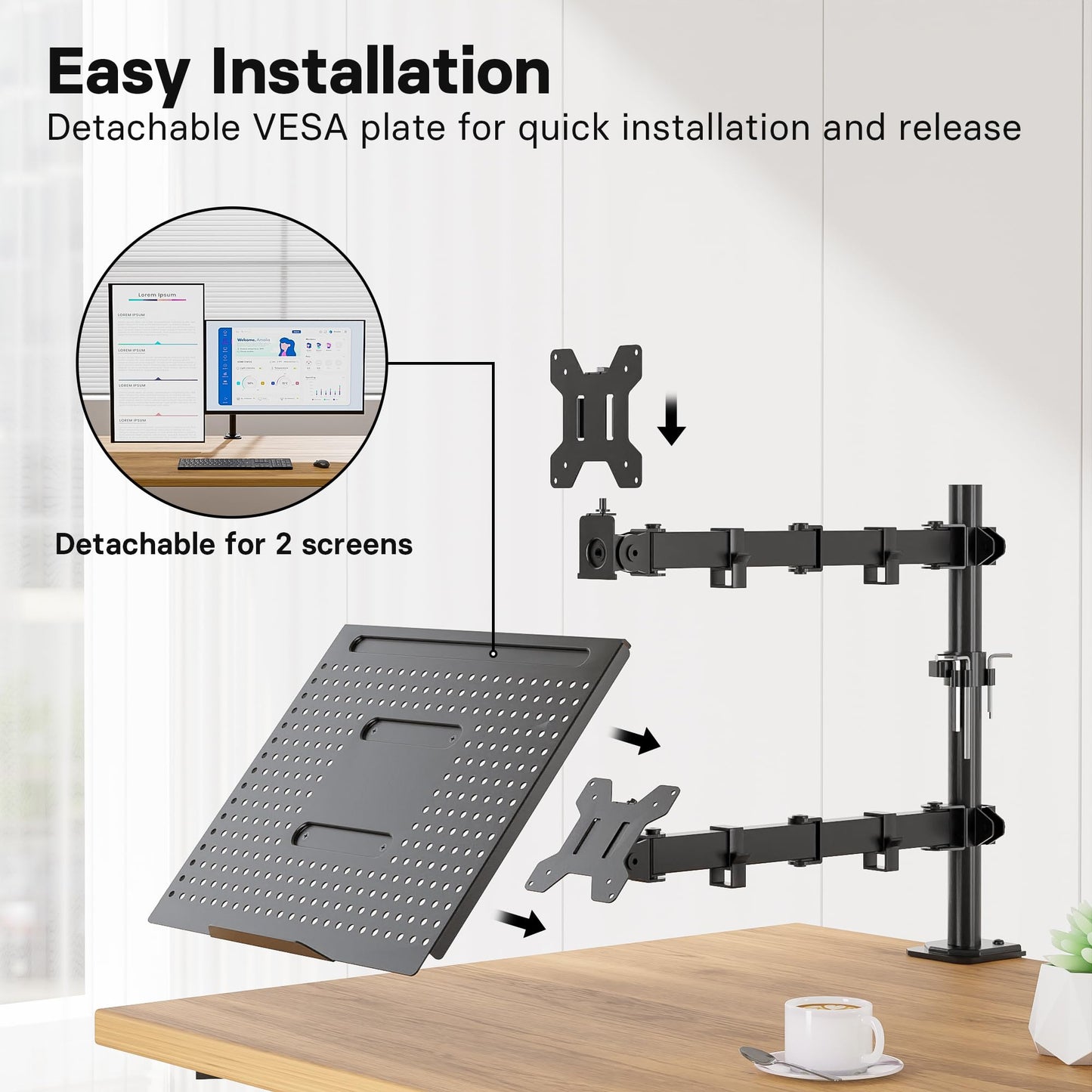 Redbat Monitor Arm with Laptop Tray, Dual Screens, Fully Adjustable for 13 to 32 inch LCD LED Monitor up to 8kg & Notebook up to 16 inch, Tilt, Swivel & Rotate, 2 Mounting Options