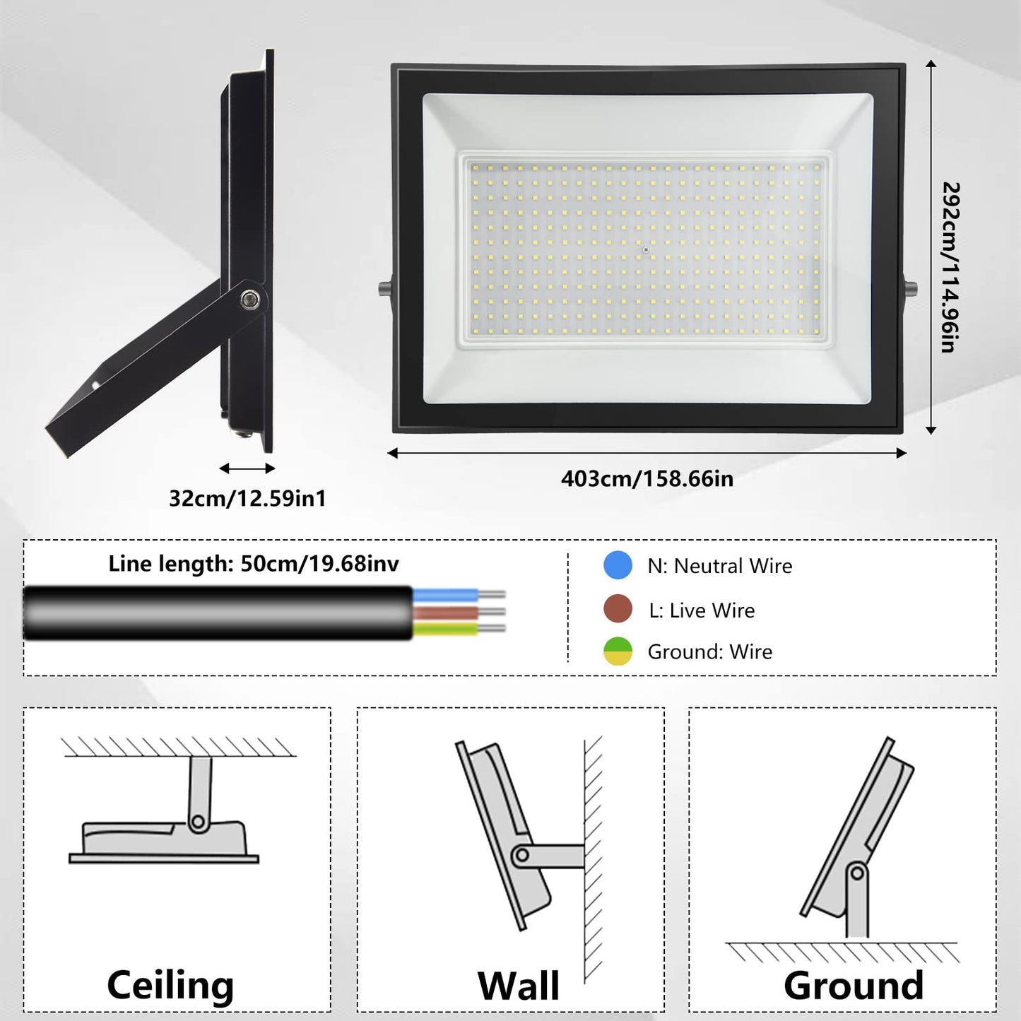loyal 300W LED floodlight outdoor, 30000LM super bright LED spotlight, 6000K cool white industrial floodlight, IP66 waterproof outdoor lamp, LED outdoor floodlight for garden, sports field, garage