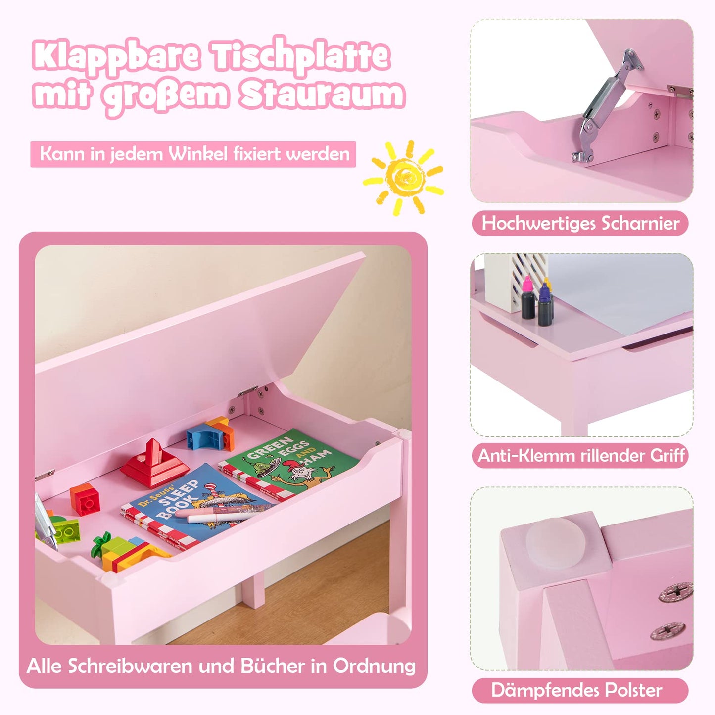 DREAMADE Kids Desk with Chair, Wooden Student Desk, Youth Desk, Children's Table, Kids Desk with Paper Roll Holder & Storage Space, Paper Roll and Markers Included (Pink)