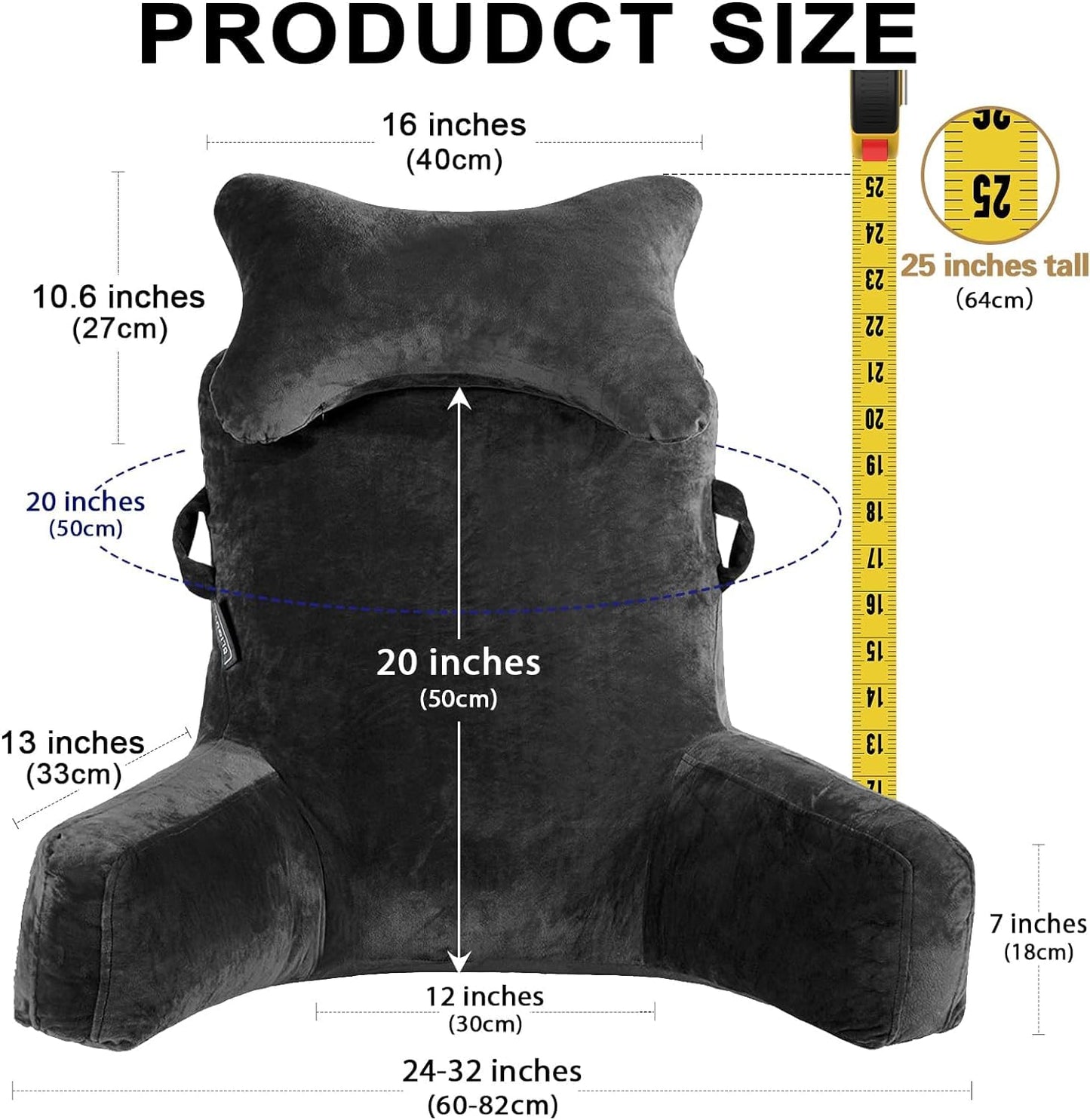 Reading pillow with removable neck roll & higher support arm for sitting in bed, couch, or floor. Backrest pillow for adults for reading, watching TV. Black.