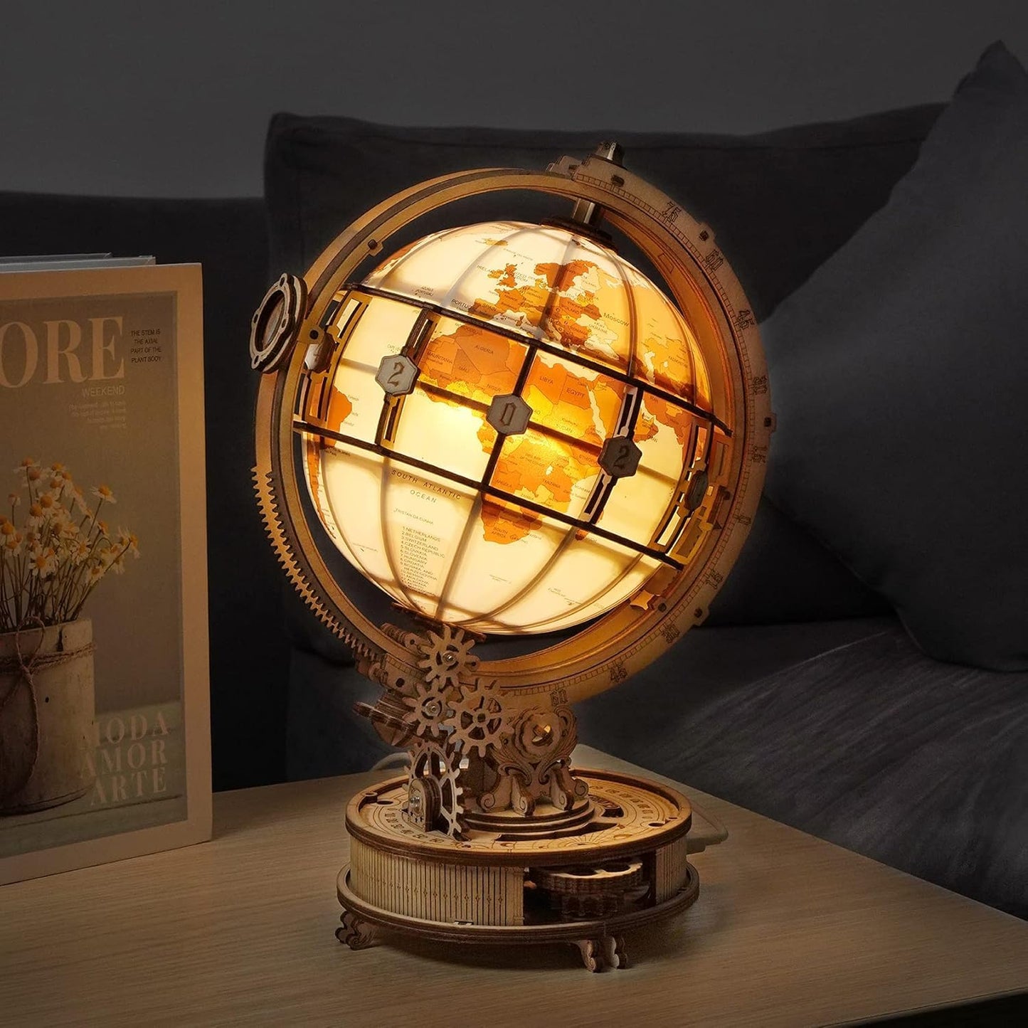 3D wooden puzzle for adults, wooden model light-up globe model kit with LED light. Rotating luminous globe wooden construction set as decoration, gift (180 pieces)