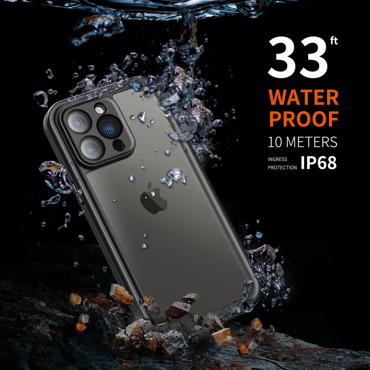 Inkolelo waterproof case for iPhone 14 Pro, 360-degree protection underwater phone case with floating wrist strap, IP68 waterproof dustproof shockproof phone pouch 6.1" (Black/Orange)