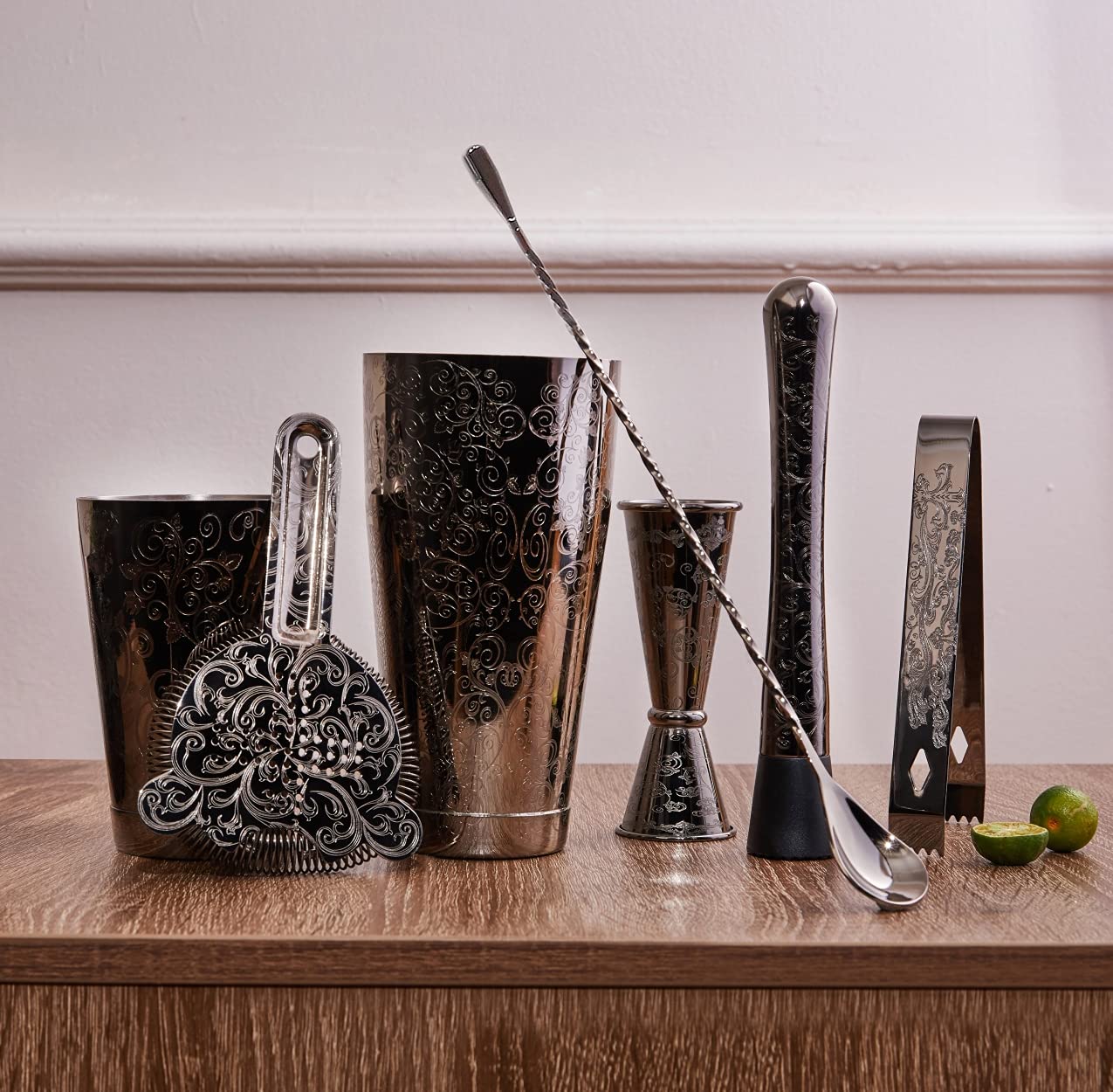 Sky Fish Cocktail Shaker Set, Etched Cocktail Shaker Kit in Gift Box 7 Piece Set, Hand wash only. (Black)