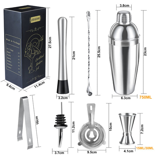 Cocktail Shaker Set | 304 Stainless Steel Cocktail Mixing Set | 750ml Cocktail Mixer 8 Piece Bartender Gift Set with Cocktail Accessories - Measuring Cup and Bar Spoon Ideal for Home & Bar
