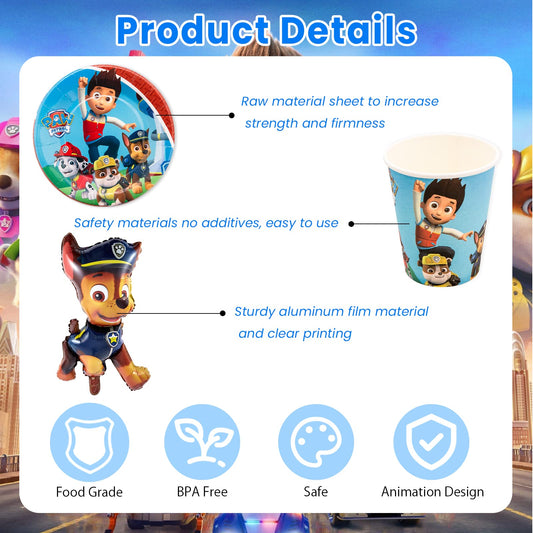 105-piece paper plate set for kids' birthday party with Paw Dog Patrol decoration - includes reusable cups, napkins, tablecloth, and partyware for 10 people.