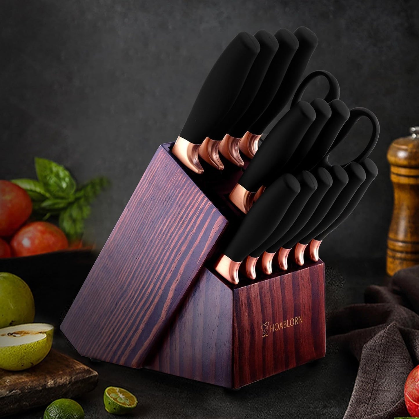 Chefhoablorn 15-PC Knife Block Set, Sharp Stainless Steel Chef Knives for Housewarming Wedding Gift
