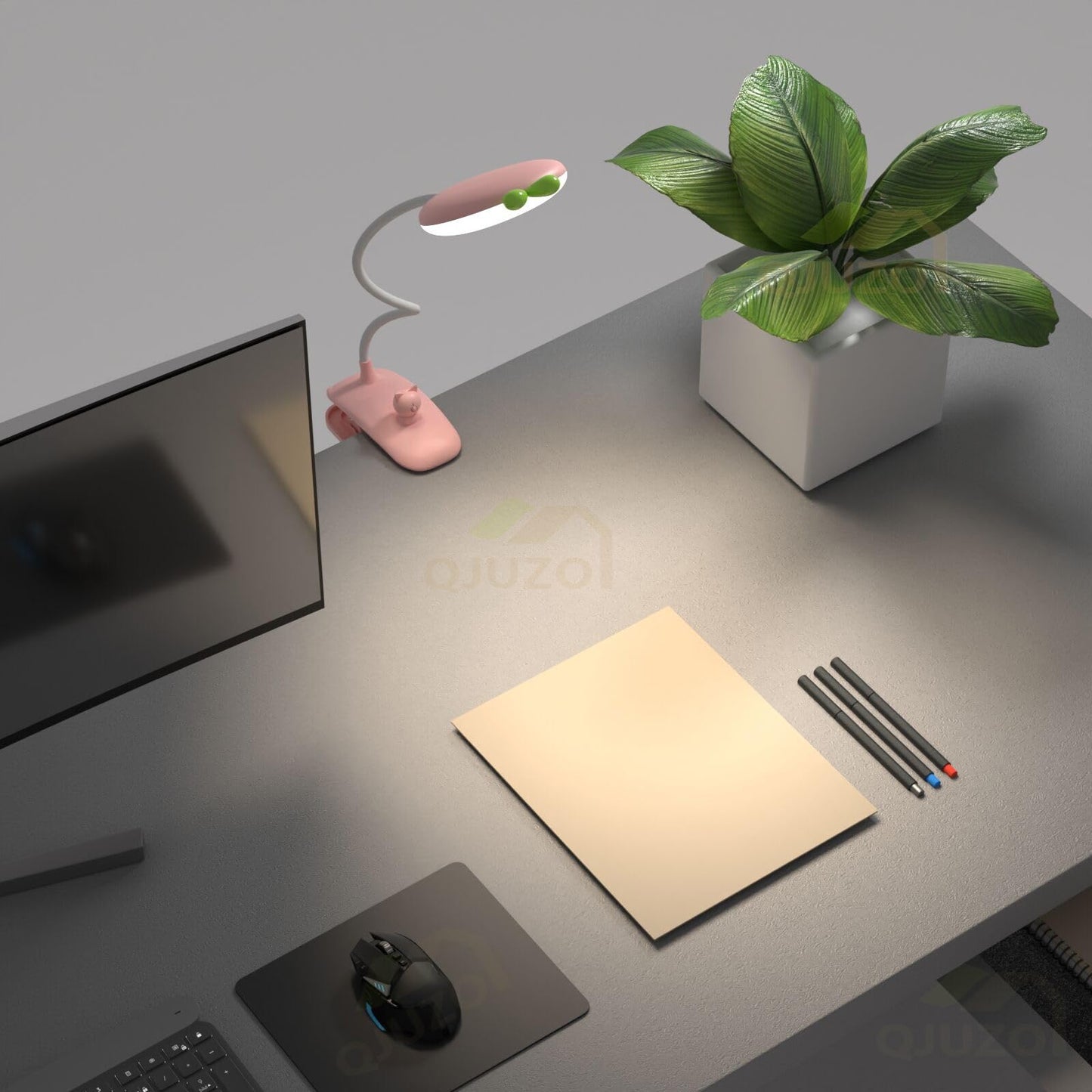QJUZO Clip-on bedside lamp for children, LED clip light with dimmable reading lamp, book clip USB rechargeable desk lamp with flexible gooseneck, 2400mAh battery, pink