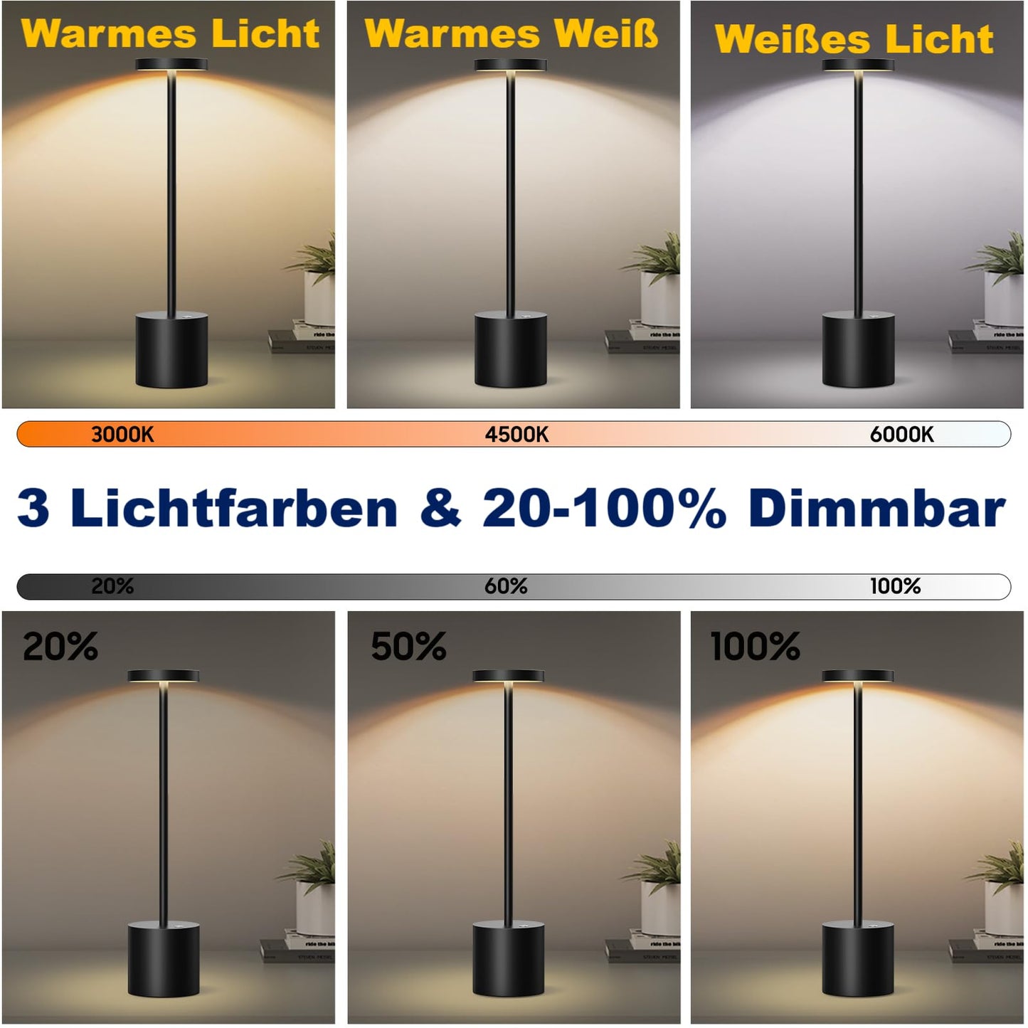 SLSMD Cordless Table Lamp, 5000mAh Metal Aluminum Dimmable LED Battery Table Light, Portable USB Rechargeable Nightstand Lamp, Suitable for Indoor Outdoor Dining Room Bar Patio (2 Black)