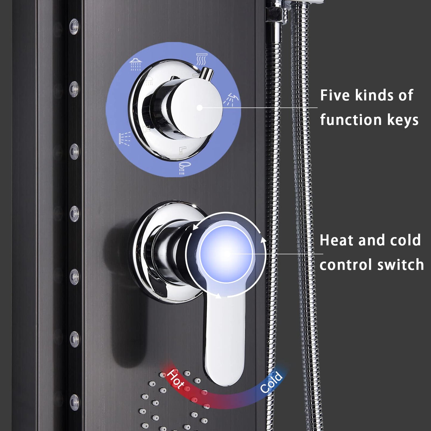 Black LED Multifunction Shower Panel with Stainless Steel Corner Mount Rain Shower Column Bathtub Faucet Shower System Shower Set No Battery Shower Fixture Set Hevenaov