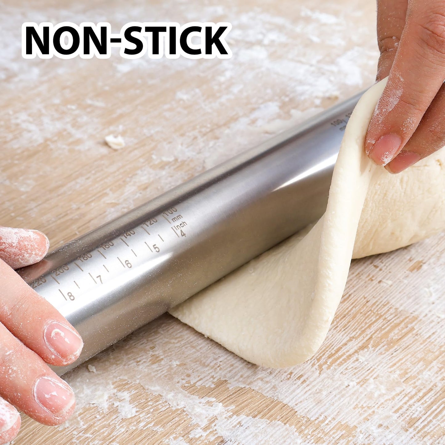 SUPER KITCHEN Adjustable Stainless Steel Rolling Pin with Removable Silicone Rings in 5 Sizes, Non-Stick Metal Rolling Pin, Baking Tool for Fondant, Pastry Dough, Pizza, 45cm