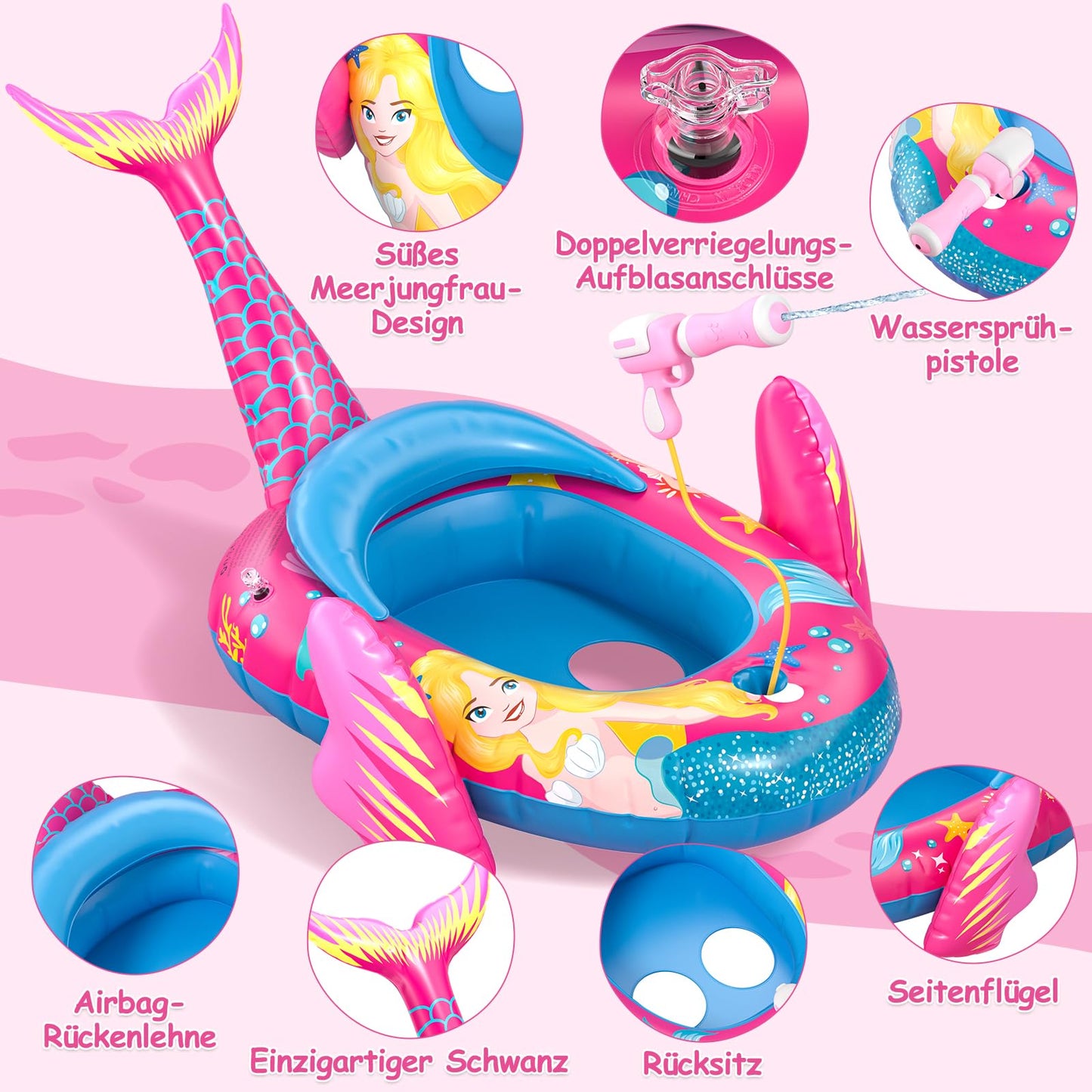 Sunrad kids swimming ring with water gun, inflatable mermaid swim ring, kids inflatable boat swim ring, swim aid kids swim seat for toddlers aged 3-10 years.