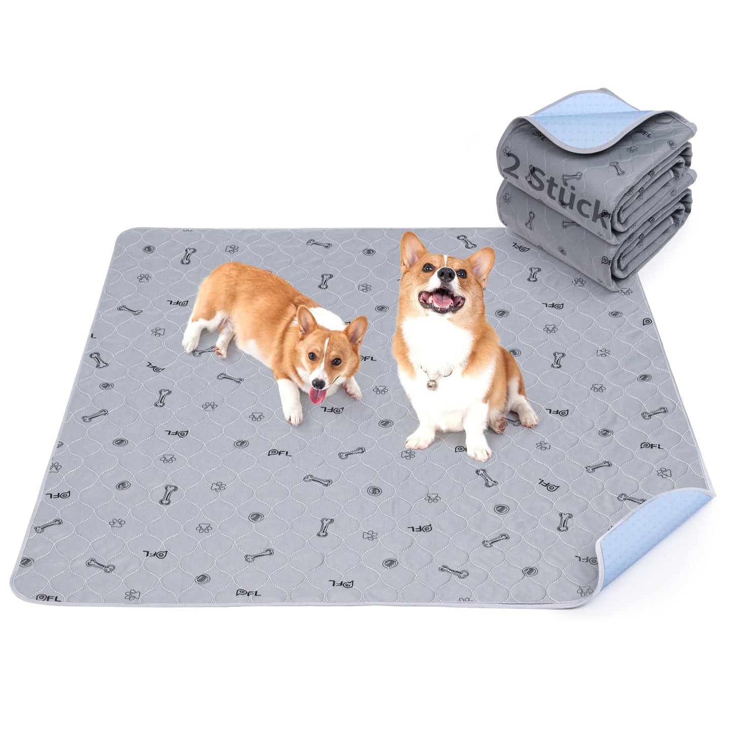 2 highly absorbent puppy pads, 122*122cm waterproof and washable puppy training pads, non-slip dog blanket for dog crate, sofa, and floor in grey color.