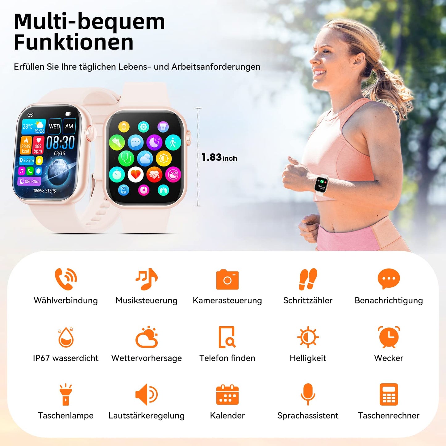Smartwatch for women and men, 1.85" inch touchscreen smart watch with Bluetooth calls, watch for women and men with 140+ sports modes SpO2 heart rate monitor sleep tracker pedometer, wristwatch for iOS Android