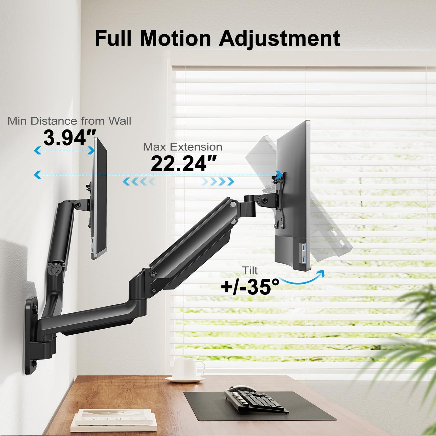 HUANUO Dual Monitor Wall Mount, for 17-32 inch screens, with gas spring arm, supports VESA 75/100mm, 8kg per arm.
