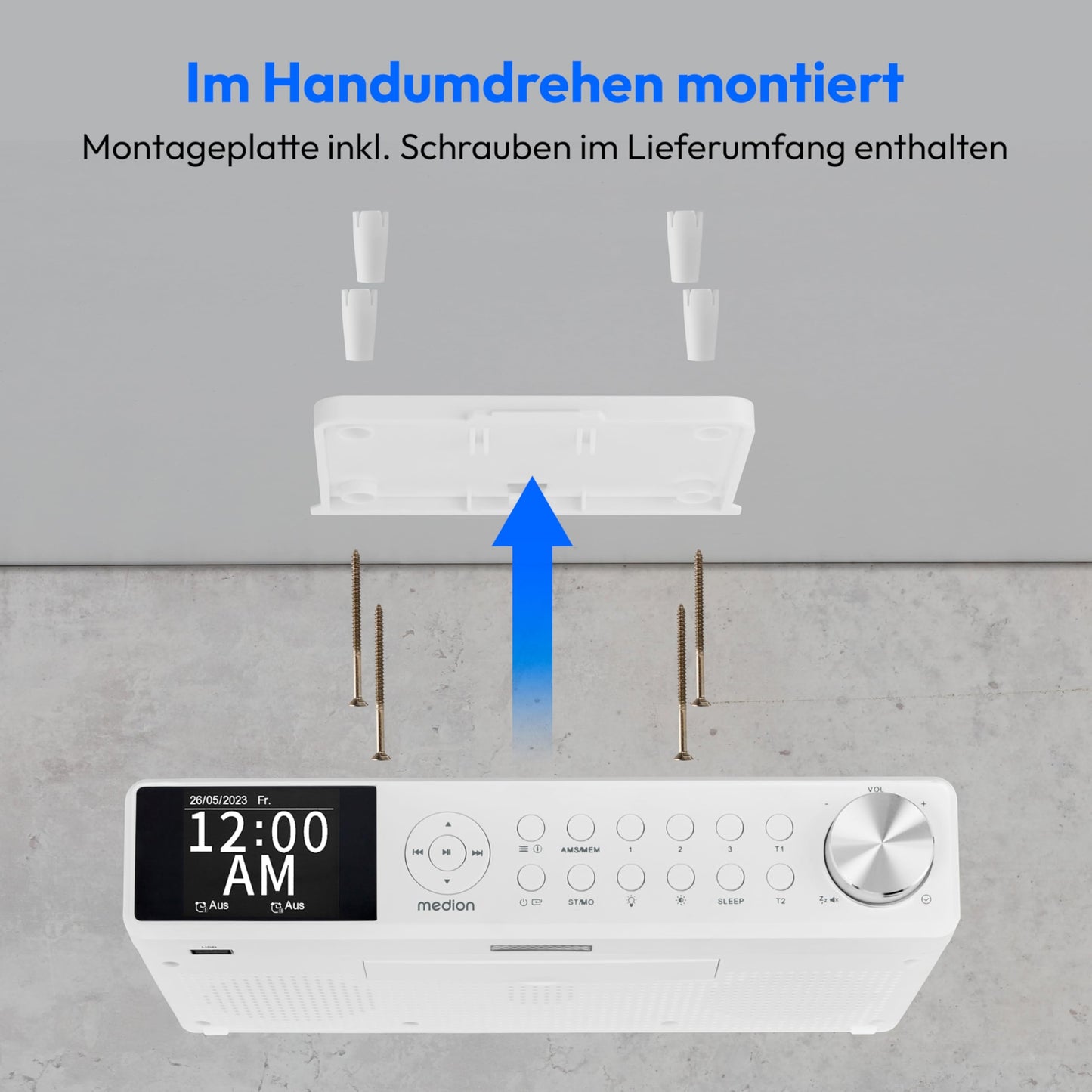 MEDION P66750 Kitchen under-cabinet radio (DAB+ kitchen radio, PLL FM radio, dimmable TFT color display, cooking timer, Bluetooth, LED strip, including mounting material) white
