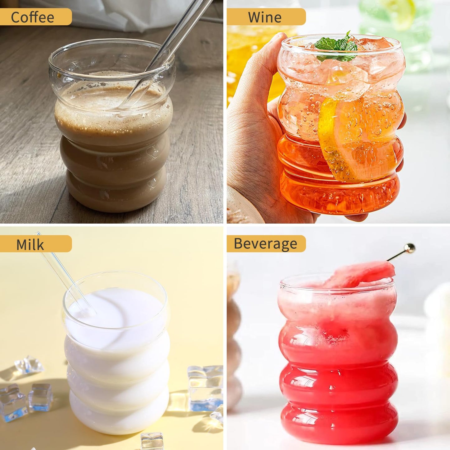 Ribbed Glasses Set (350ml x 6) Cocktail Glasses Wavy Water Glasses Drink Glasses Juice Glasses Drinking Glasses made of glass Glasses for Water Drinking Juice Universal Glasses with glass straws and brushes
