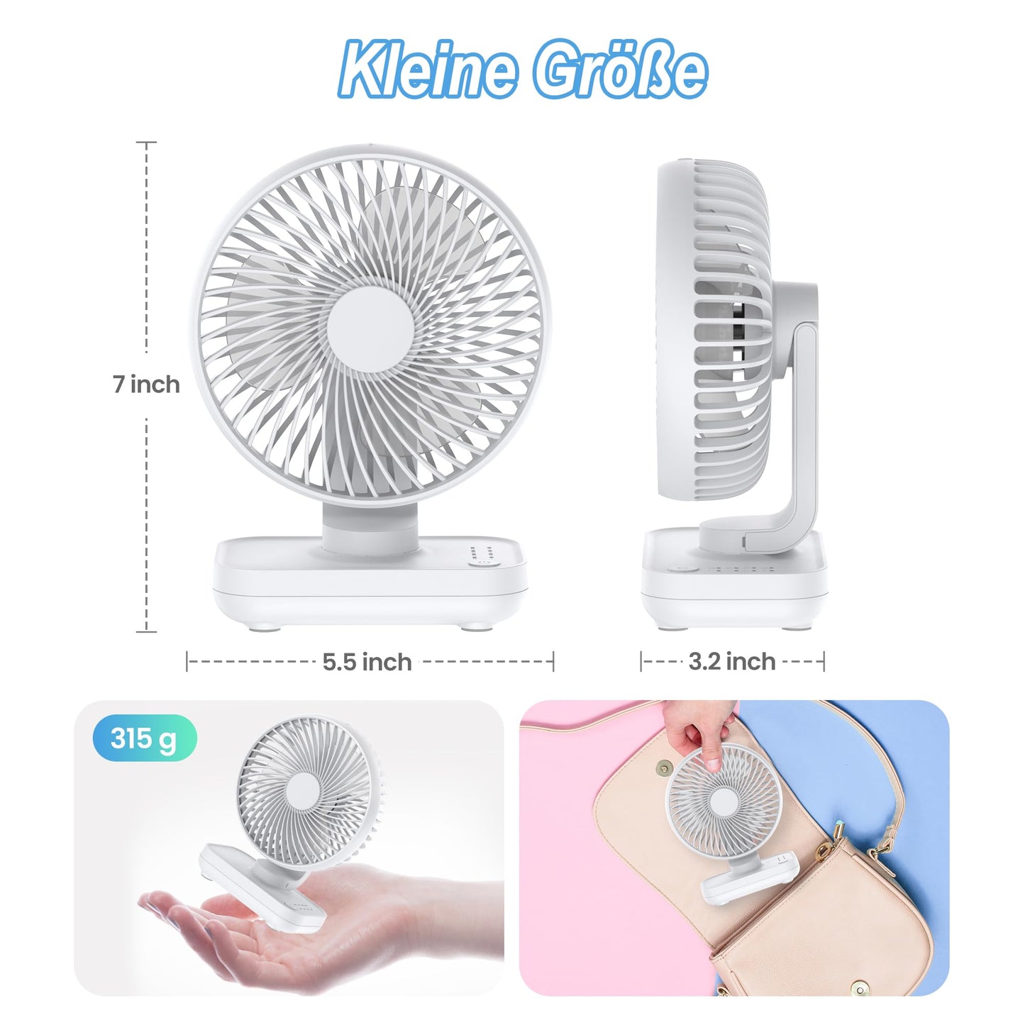 Joneytech Mini Fan Quiet, USB 4000mAh Battery Small Desk Fan, 4 Speeds for Desk, Home, Picnics, and Office - Portable table fan