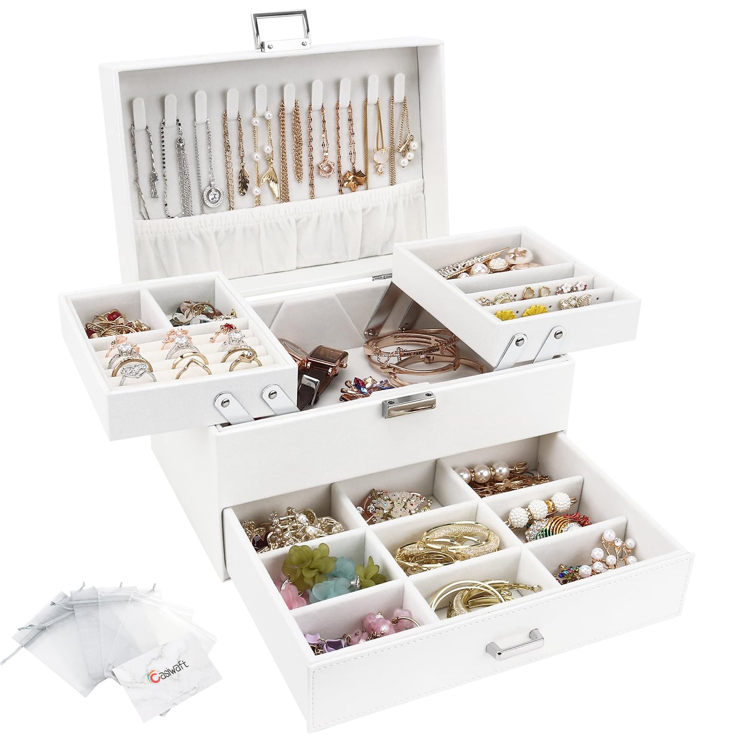 Jewelry box, jewelry case with drawers for women girls, PU leather jewelry box jewelry box jewelry case large jewelry storage for rings earrings bracelets necklaces, white.