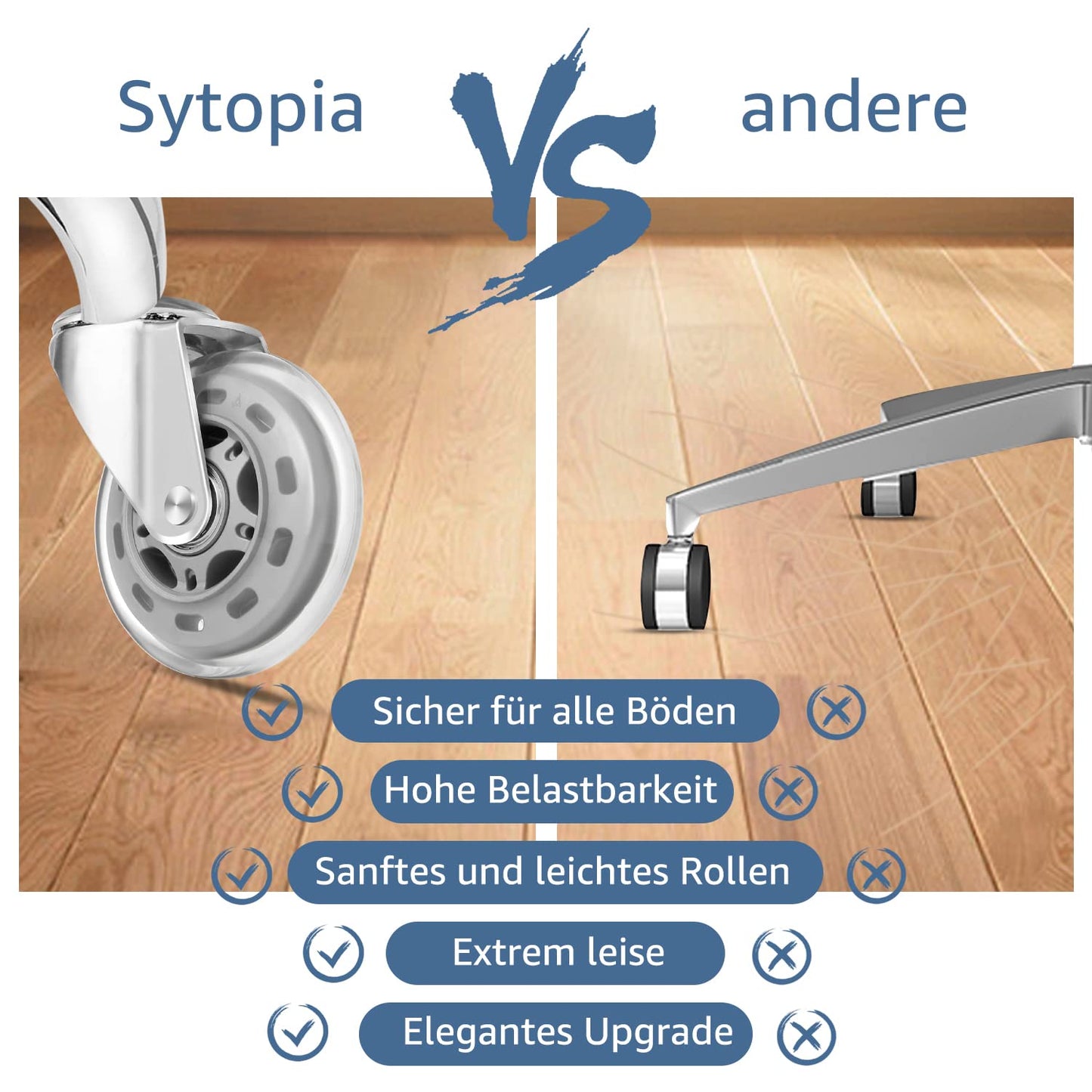 Sytopia office chair wheels 10mm, casters for office chairs 10mm x 22mm, rubber office chair casters 5-piece set for hard floors, parquet, laminate, floor protection mats, only compatible with IKEA office chairs (Silver)