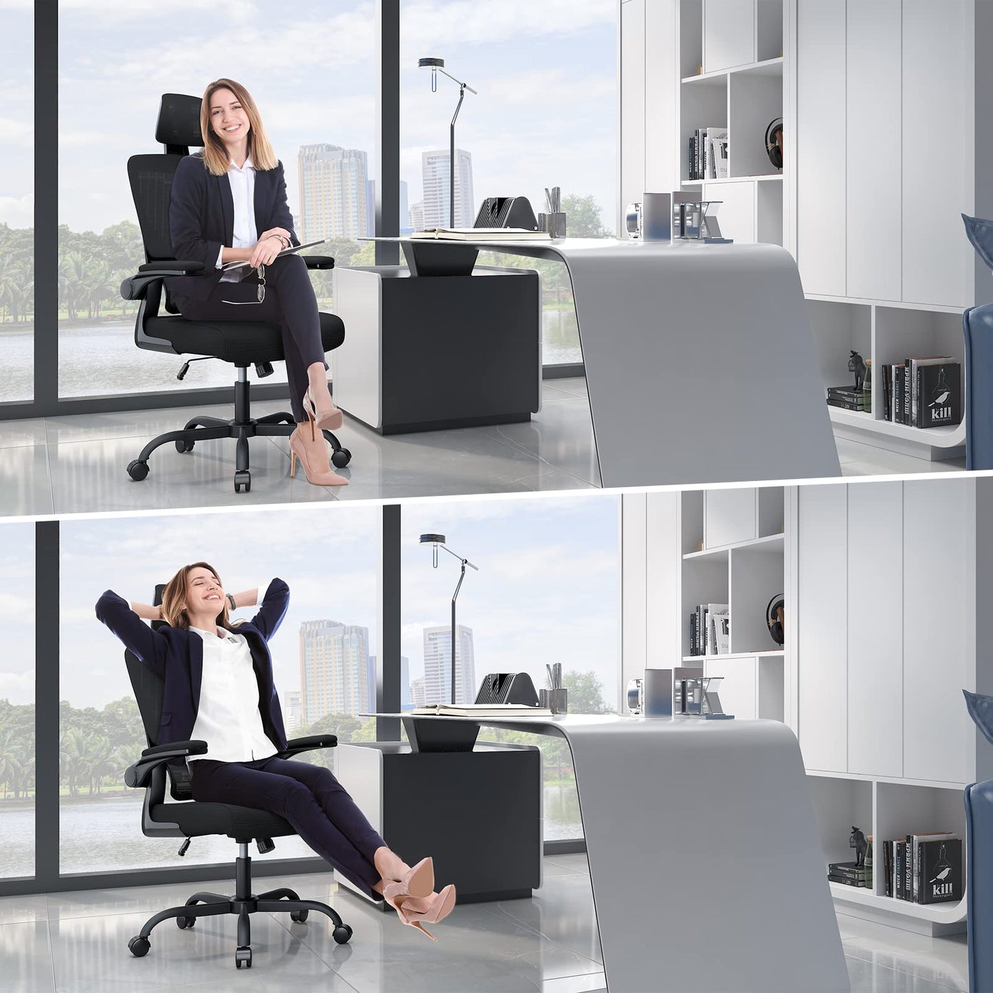 Naspaluro office chair, Ergonomic desk chair with adjustable headrest, armrests, dynamic lumbar support, swivel chair with breathable mesh cover for home office, black.