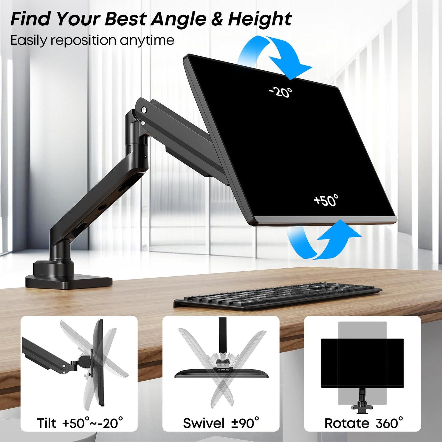 Monitor Mount 1 Monitor For 17-49 Inch Flat & Curved Screen, Sturdy Gas Spring Monitor Mount Adjustable Height with Tilts, Increased Load Capacity of 2~20kg, VESA 75x75/100x100
