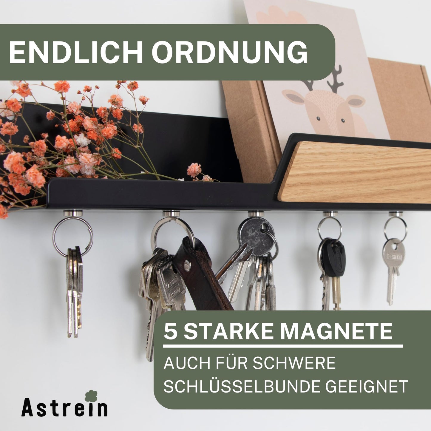 Astrein® | Magnetic key board | Wooden key rack | Oak | Key holder with shelf | Black metal key storage