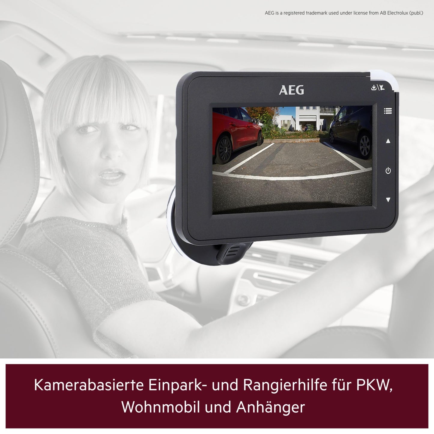 AEG Solar-powered backup camera RV 4.3, wireless, digital, parking/ maneuvering aid, with transmitter, LCD dual display, waterproof, night vision.