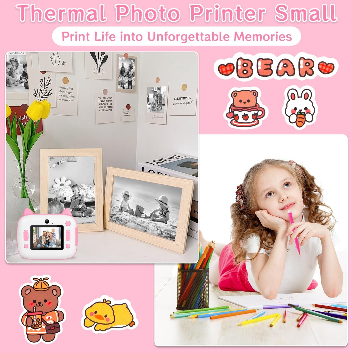 Instant Camera for Kids, 12MP 2.4-inch Screen Kids Camera with 32G Card, Printing Paper & Colored Pens, 1080P Kids Instant Print Camera, Gift for Children 3-12 Years Old.