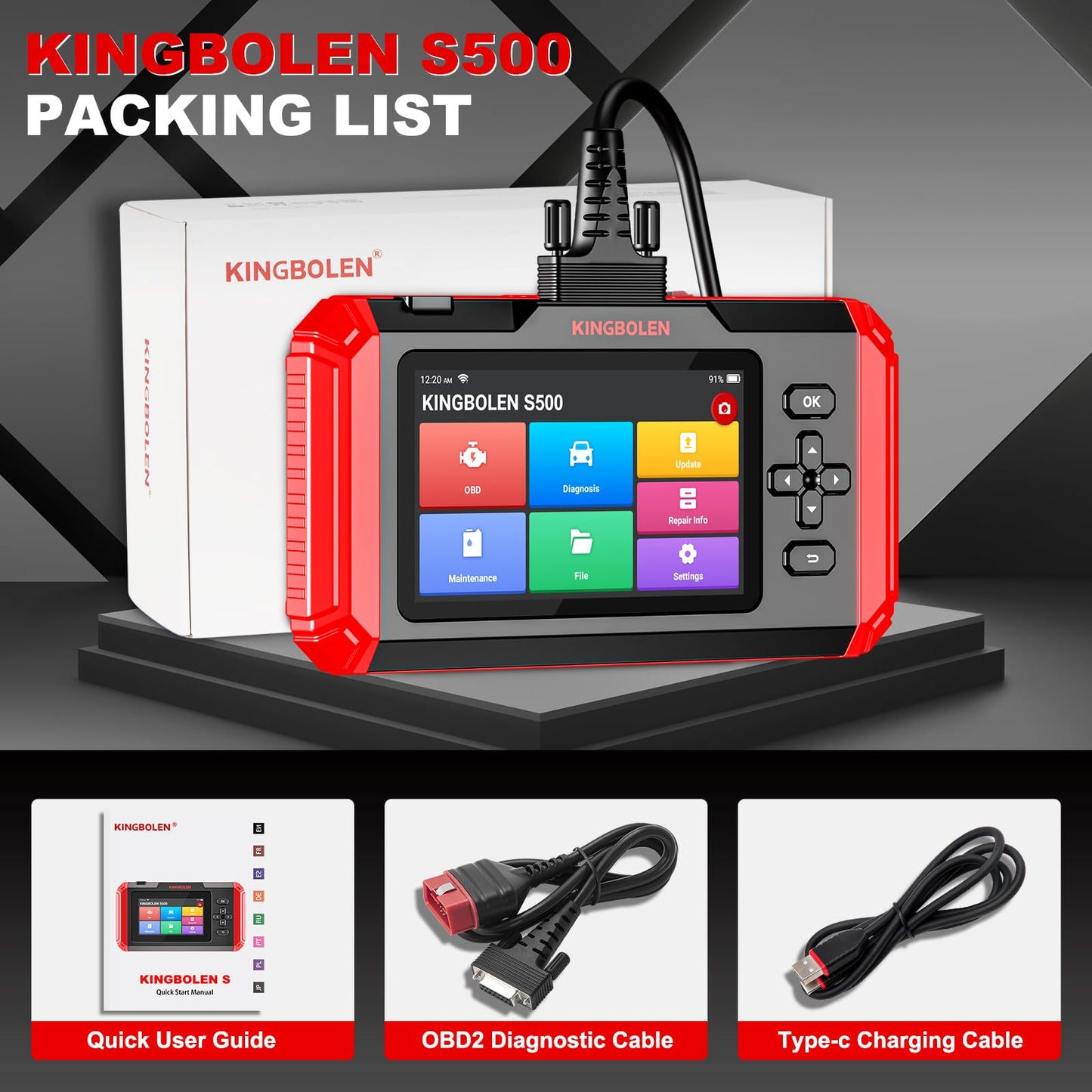 KINGBOLEN S500 OBD2 diagnostic tool, Automotive error code reader for Engine/Transmission/ABS/SRS, Auto diagnostic tool with Oil, SAS, Brake, ETS reset, Auto VIN, Lifetime Free Upgrade.