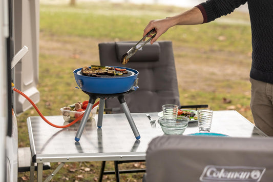 Campingaz Party Grill 400 Caravan, small camping grill for use with caravan gas connection, gas grill with versatile cooking options, gas cooker with non-stick coated grill plate and pot holder.