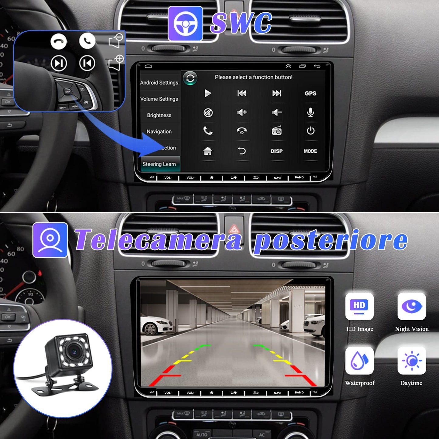 Hikity Android13 car radio with wireless Carplay and navigation for VW Golf 5 6 Passat B6 B7 Jetta Polo Touran Caddy Sharan Seat. 9-inch stereo radio with Bluetooth, WiFi, FM, Android Auto, and rearview camera.
