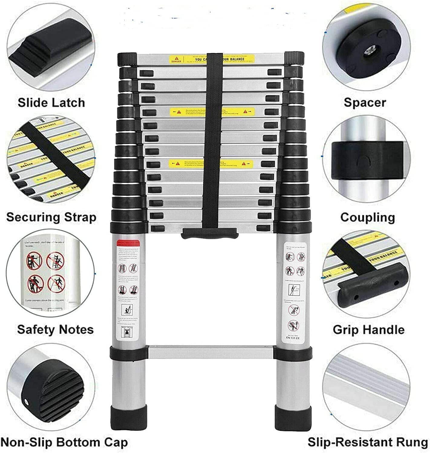 5m telescopic ladder with roof hook kit aluminum, portable, multifunctional, foldable, durable, multipurpose aluminum telescopic ladder, extendable