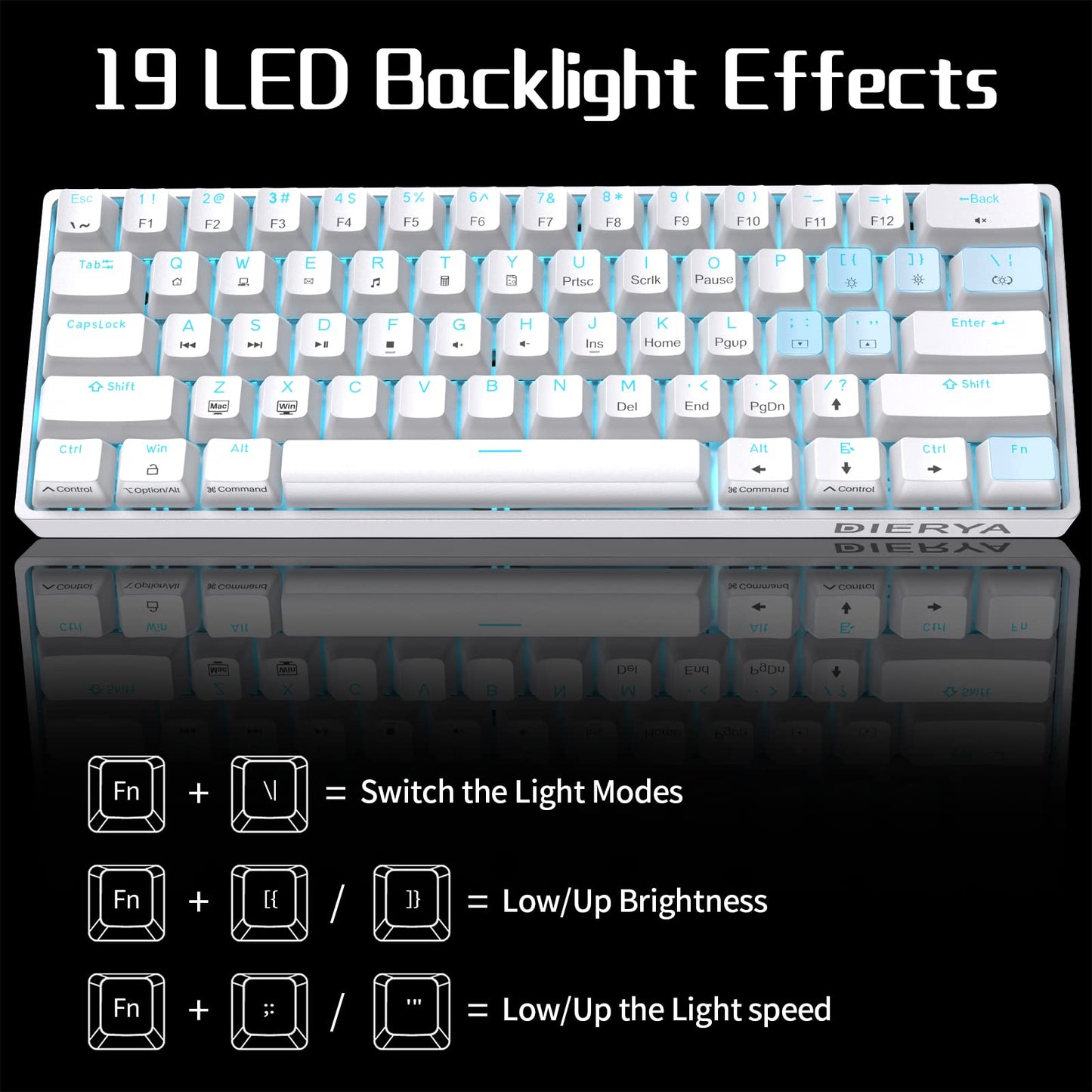 Dierya DK61se Gaming Keyboard, 60% Mechanical Keyboard with Red Linear Switch, Ultra-Compact Mini 61 Keys Anti-Ghosting, Typ-C Data Cable, US Layout for PC Windows Gamer Typist, White