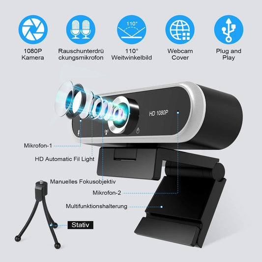 1080P webcam with microphone and webcam cover, tripod, plug & play, with automatic light correction, for laptop, PC, desktop, for live streaming, video calling, conference.