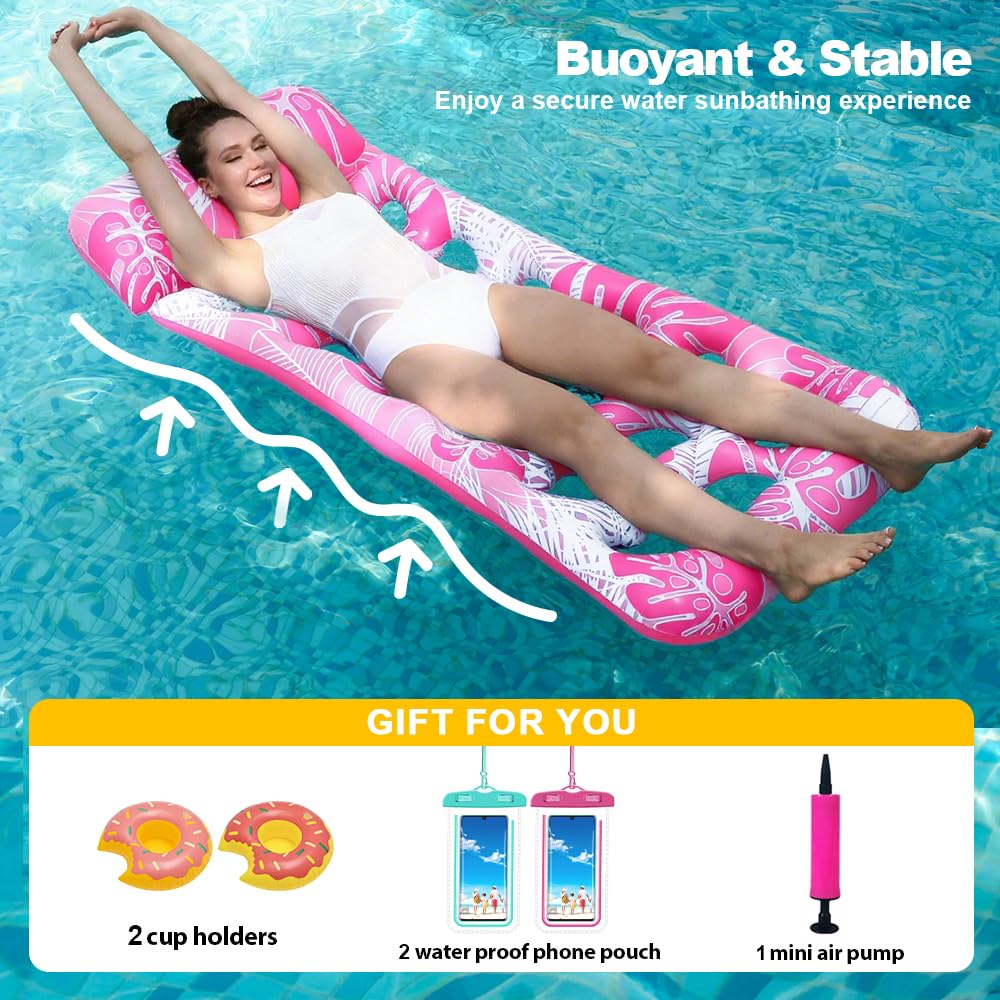 LUSTERMOON Inflatable large pool float for adults, pool chair float and lounger with cup holders for summer, pool, lake, beach, 2 pieces (blue + pink)