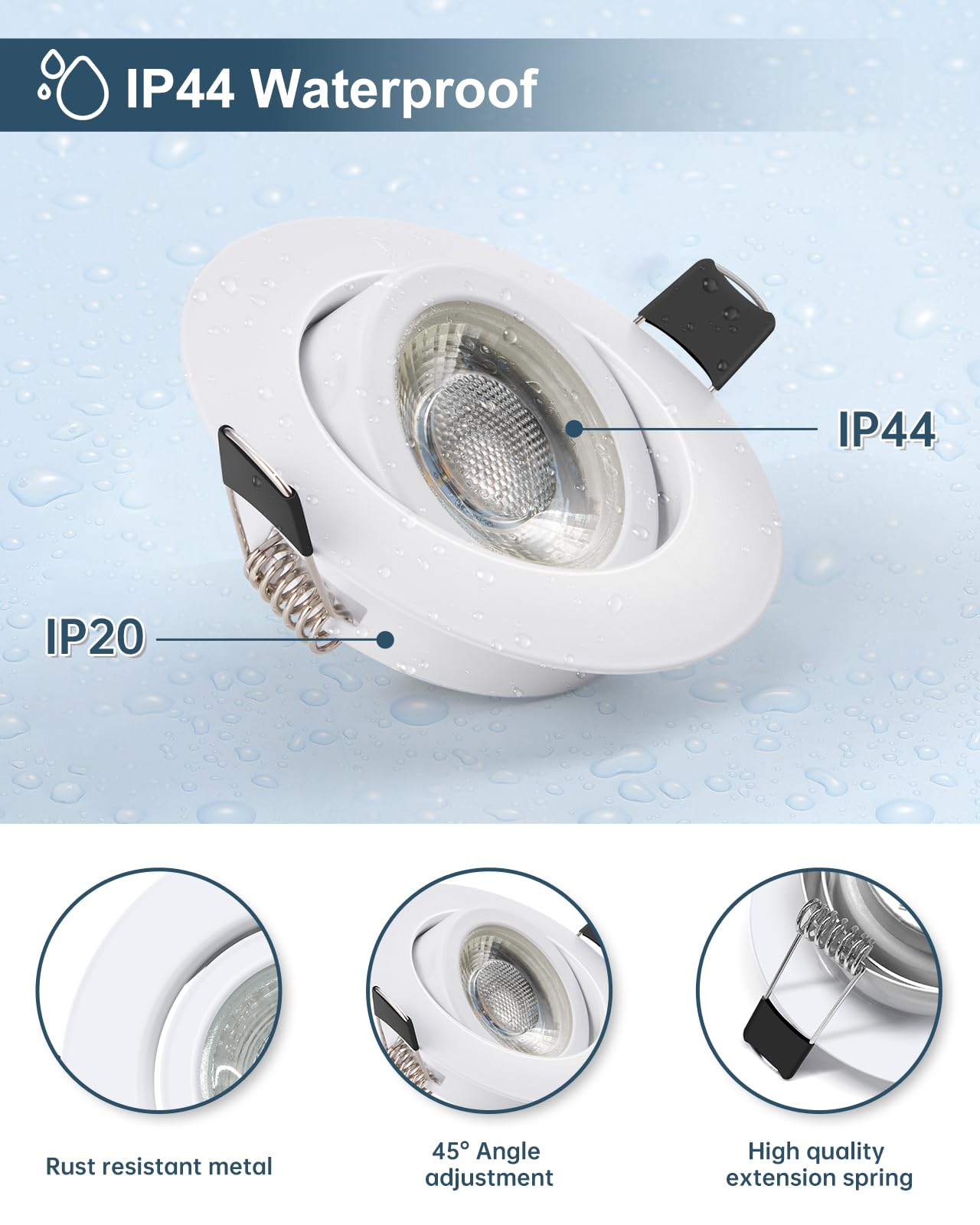 Schiele LED recessed spotlights, flat spots, 230V, dimmable, 68-78mm cutout, 7W warm white ceiling spots, white IP44 for bathroom living room, set of 12.