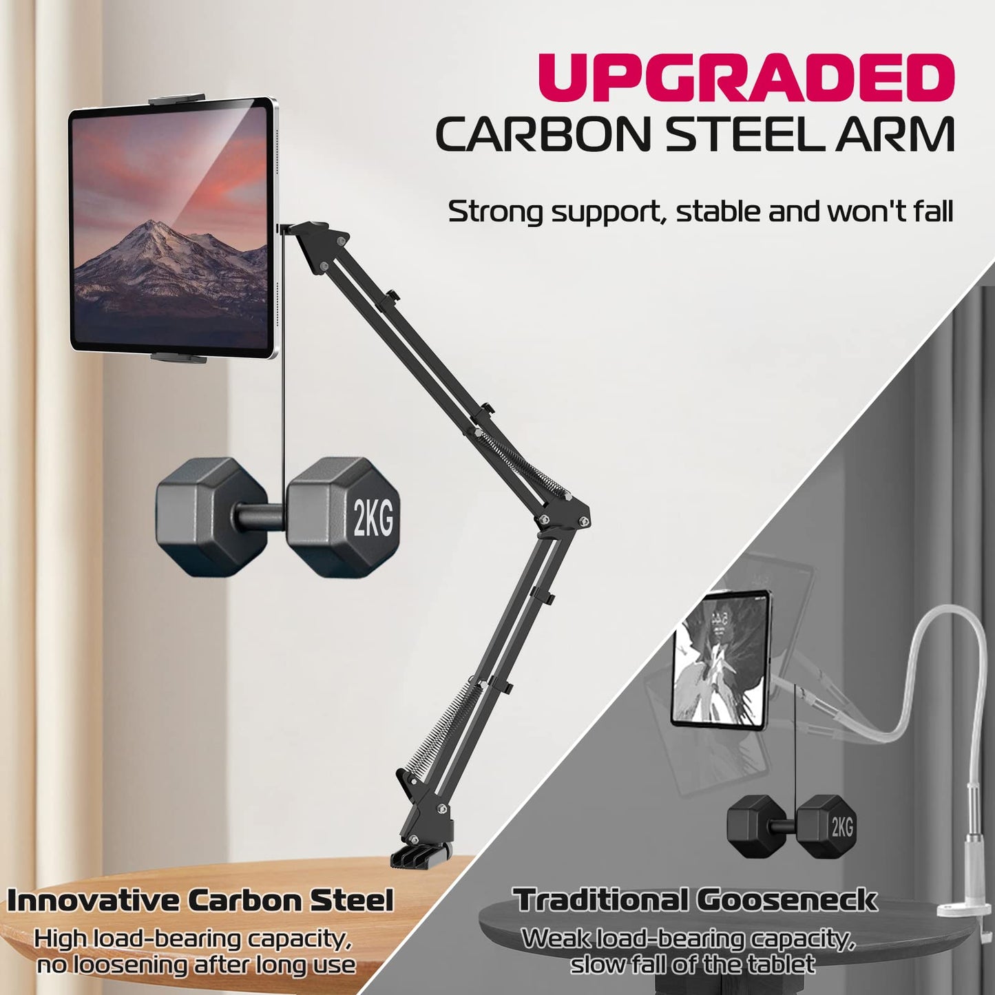 ULANZI Tablet Holder for Bed & Desk - 360° Rotatable Universal Mount with Spring Technology for iPads, Tablets, Phones or other devices with 4.6 to 12.9 inches, Strong Clamp Arm up to 1.2 kg.